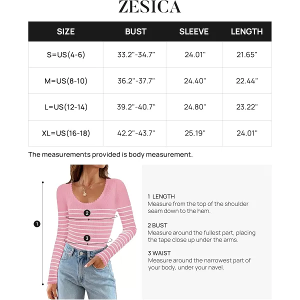 ZESICA Womens Long Sleeve Striped Tops 2024 Fall Scoop Neck Slim Fit Ribbed Knit Sweater Basic Casual Tee ShirtsPink