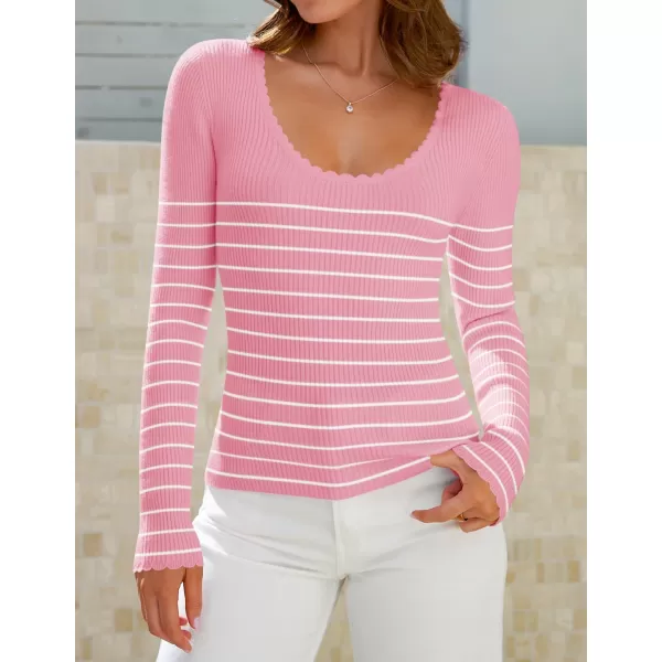 ZESICA Womens Long Sleeve Striped Tops 2024 Fall Scoop Neck Slim Fit Ribbed Knit Sweater Basic Casual Tee ShirtsPink