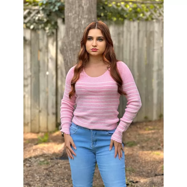 ZESICA Womens Long Sleeve Striped Tops 2024 Fall Scoop Neck Slim Fit Ribbed Knit Sweater Basic Casual Tee ShirtsPink