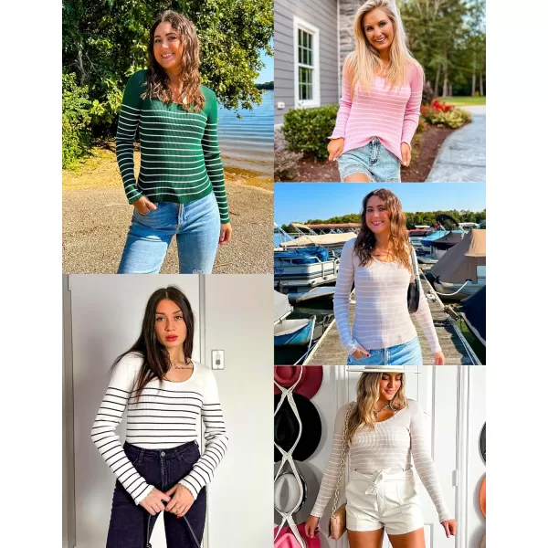 ZESICA Womens Long Sleeve Striped Tops 2024 Fall Scoop Neck Slim Fit Ribbed Knit Sweater Basic Casual Tee ShirtsPink