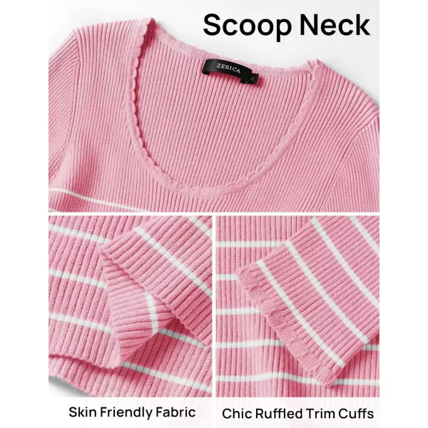 ZESICA Womens Long Sleeve Striped Tops 2024 Fall Scoop Neck Slim Fit Ribbed Knit Sweater Basic Casual Tee ShirtsPink