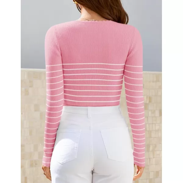 ZESICA Womens Long Sleeve Striped Tops 2024 Fall Scoop Neck Slim Fit Ribbed Knit Sweater Basic Casual Tee ShirtsPink