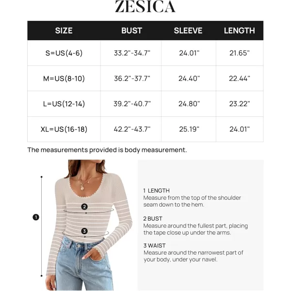 ZESICA Womens Long Sleeve Striped Tops 2024 Fall Scoop Neck Slim Fit Ribbed Knit Sweater Basic Casual Tee ShirtsSand