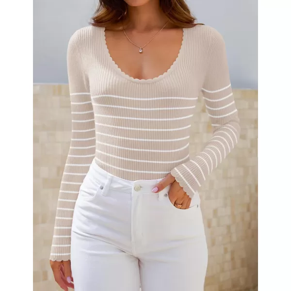 ZESICA Womens Long Sleeve Striped Tops 2024 Fall Scoop Neck Slim Fit Ribbed Knit Sweater Basic Casual Tee ShirtsSand
