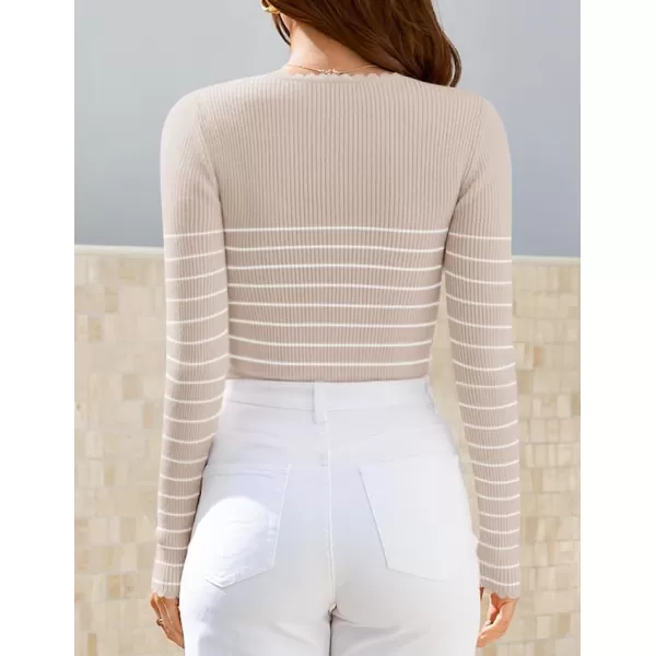 ZESICA Womens Long Sleeve Striped Tops 2024 Fall Scoop Neck Slim Fit Ribbed Knit Sweater Basic Casual Tee ShirtsSand