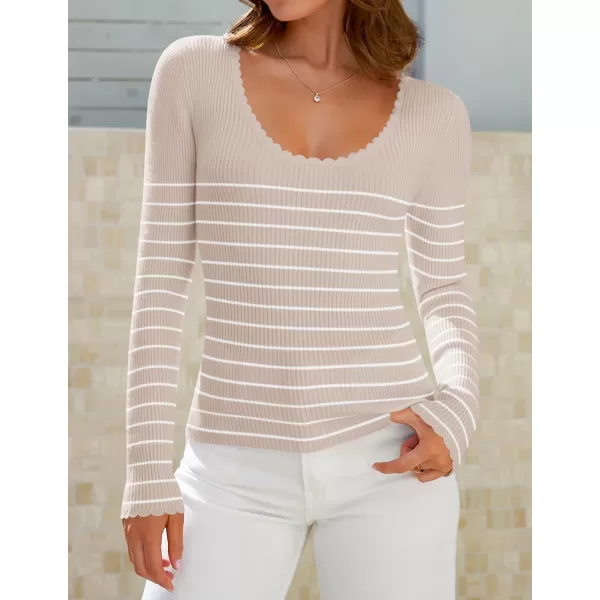 ZESICA Womens Long Sleeve Striped Tops 2024 Fall Scoop Neck Slim Fit Ribbed Knit Sweater Basic Casual Tee ShirtsSand