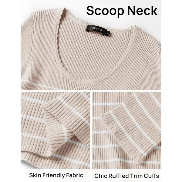ZESICA Womens Long Sleeve Striped Tops 2024 Fall Scoop Neck Slim Fit Ribbed Knit Sweater Basic Casual Tee ShirtsSand
