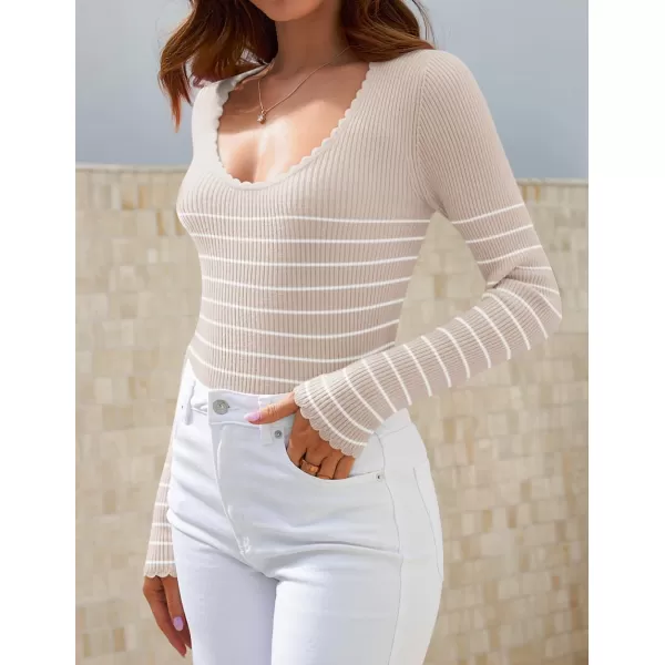 ZESICA Womens Long Sleeve Striped Tops 2024 Fall Scoop Neck Slim Fit Ribbed Knit Sweater Basic Casual Tee ShirtsSand