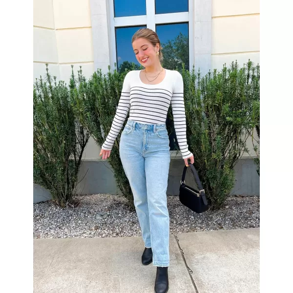 ZESICA Womens Long Sleeve Striped Tops 2024 Fall Scoop Neck Slim Fit Ribbed Knit Sweater Basic Casual Tee ShirtsWhite