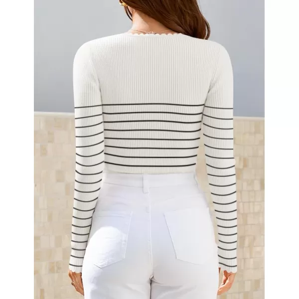 ZESICA Womens Long Sleeve Striped Tops 2024 Fall Scoop Neck Slim Fit Ribbed Knit Sweater Basic Casual Tee ShirtsWhite