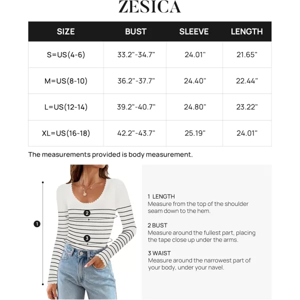 ZESICA Womens Long Sleeve Striped Tops 2024 Fall Scoop Neck Slim Fit Ribbed Knit Sweater Basic Casual Tee ShirtsWhite