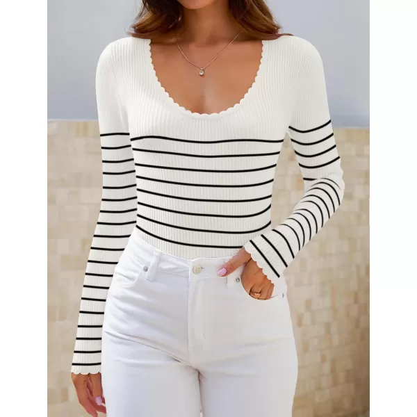 ZESICA Womens Long Sleeve Striped Tops 2024 Fall Scoop Neck Slim Fit Ribbed Knit Sweater Basic Casual Tee ShirtsWhite