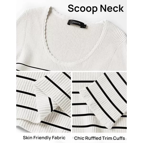 ZESICA Womens Long Sleeve Striped Tops 2024 Fall Scoop Neck Slim Fit Ribbed Knit Sweater Basic Casual Tee ShirtsWhite