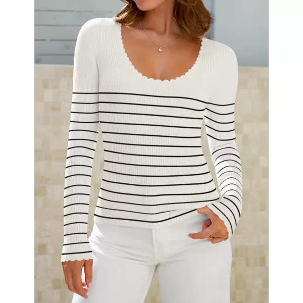 ZESICA Womens Long Sleeve Striped Tops 2024 Fall Scoop Neck Slim Fit Ribbed Knit Sweater Basic Casual Tee ShirtsWhite