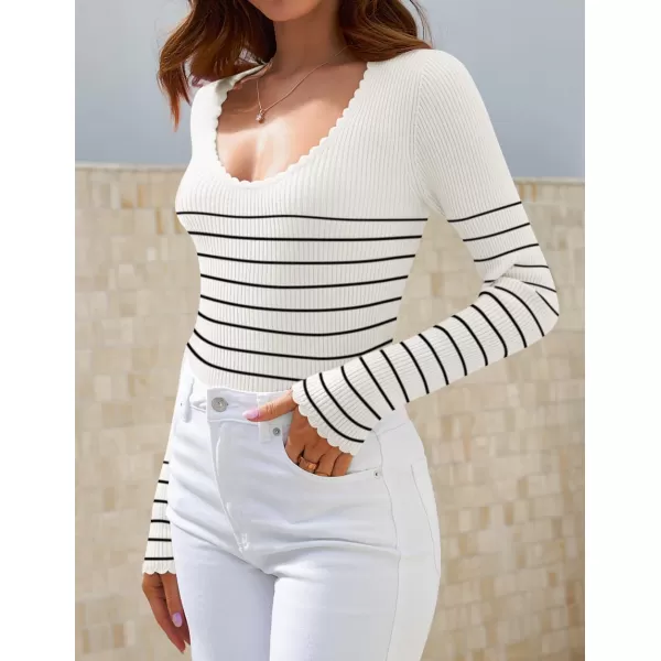 ZESICA Womens Long Sleeve Striped Tops 2024 Fall Scoop Neck Slim Fit Ribbed Knit Sweater Basic Casual Tee ShirtsWhite
