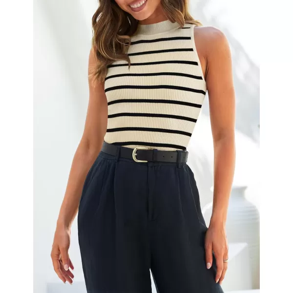 ZESICA Womens Ribbed Tank Tops High Neck Slim Fitted Striped Basic Casual Summer Sleeveless ShirtsApricot