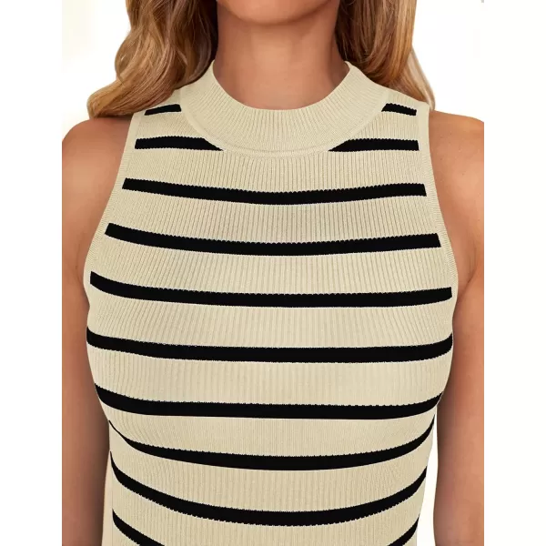ZESICA Womens Ribbed Tank Tops High Neck Slim Fitted Striped Basic Casual Summer Sleeveless ShirtsApricot