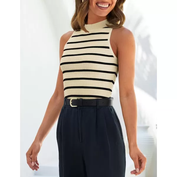 ZESICA Womens Ribbed Tank Tops High Neck Slim Fitted Striped Basic Casual Summer Sleeveless ShirtsApricot