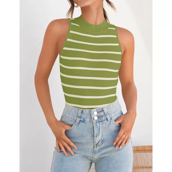 ZESICA Womens Ribbed Tank Tops High Neck Slim Fitted Striped Basic Casual Summer Sleeveless ShirtsAvocadogreen