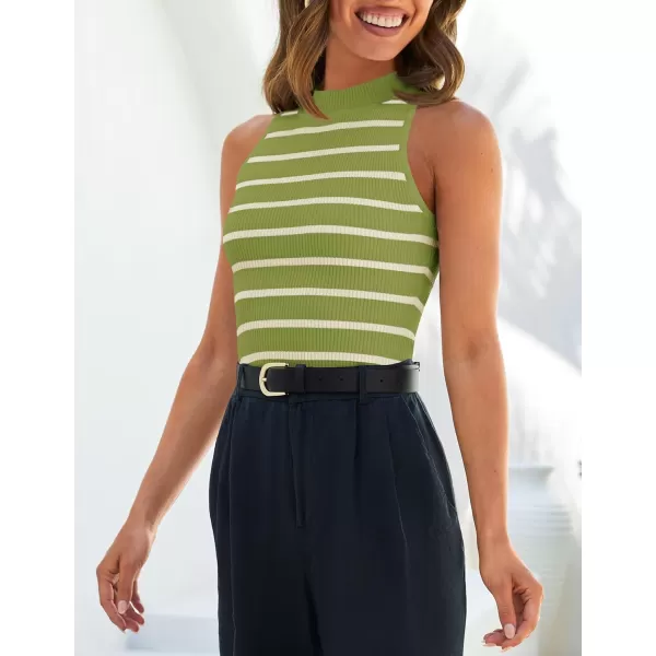 ZESICA Womens Ribbed Tank Tops High Neck Slim Fitted Striped Basic Casual Summer Sleeveless ShirtsAvocadogreen