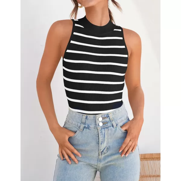 ZESICA Womens Ribbed Tank Tops High Neck Slim Fitted Striped Basic Casual Summer Sleeveless ShirtsBlack