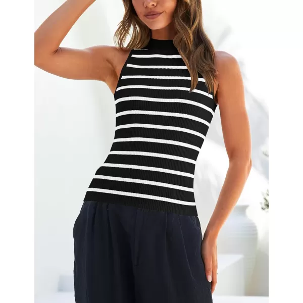 ZESICA Womens Ribbed Tank Tops High Neck Slim Fitted Striped Basic Casual Summer Sleeveless ShirtsBlack