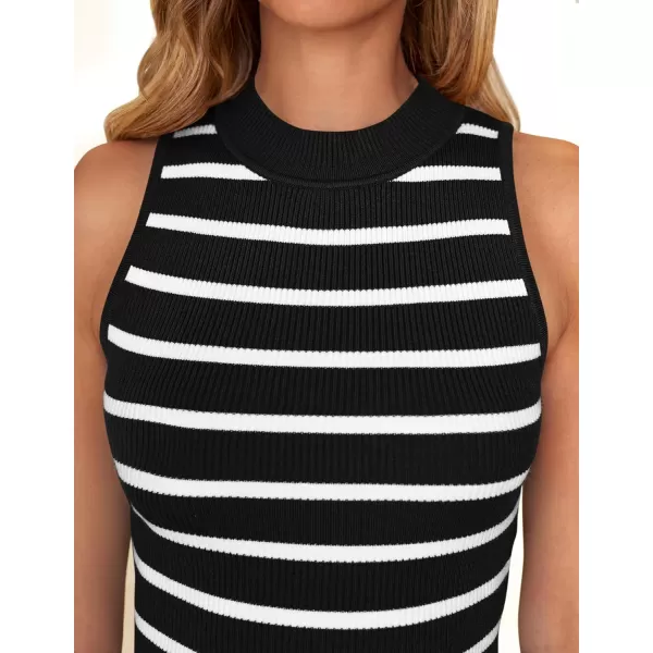 ZESICA Womens Ribbed Tank Tops High Neck Slim Fitted Striped Basic Casual Summer Sleeveless ShirtsBlack