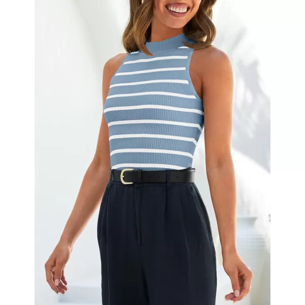 ZESICA Womens Ribbed Tank Tops High Neck Slim Fitted Striped Basic Casual Summer Sleeveless ShirtsBlue