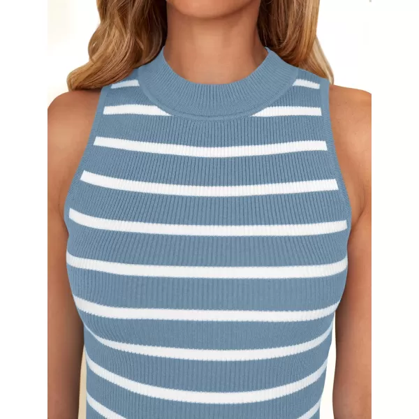 ZESICA Womens Ribbed Tank Tops High Neck Slim Fitted Striped Basic Casual Summer Sleeveless ShirtsBlue