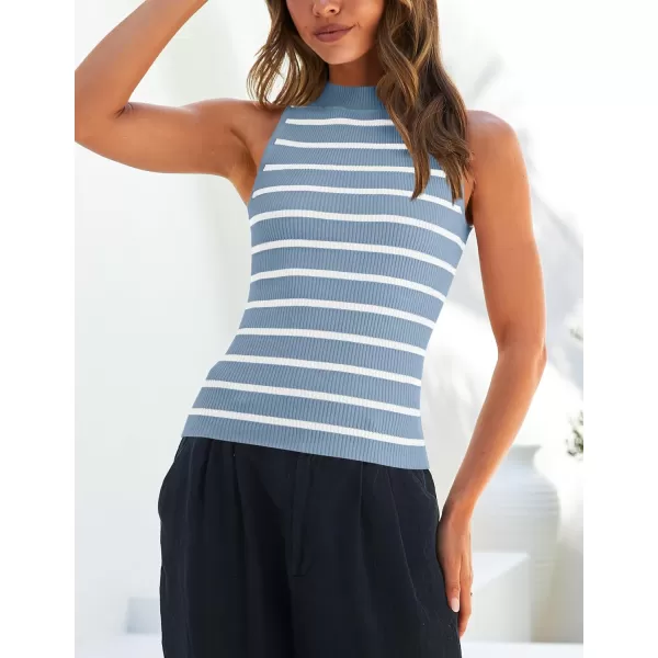 ZESICA Womens Ribbed Tank Tops High Neck Slim Fitted Striped Basic Casual Summer Sleeveless ShirtsBlue
