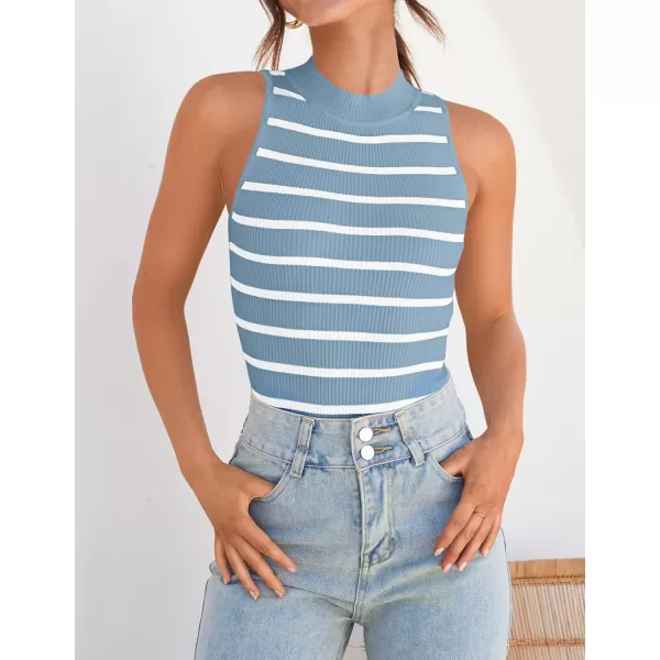 ZESICA Womens Ribbed Tank Tops High Neck Slim Fitted Striped Basic Casual Summer Sleeveless ShirtsBlue