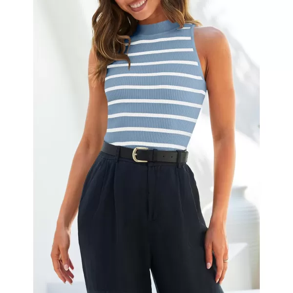 ZESICA Womens Ribbed Tank Tops High Neck Slim Fitted Striped Basic Casual Summer Sleeveless ShirtsBlue