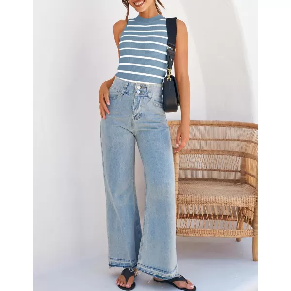 ZESICA Womens Ribbed Tank Tops High Neck Slim Fitted Striped Basic Casual Summer Sleeveless ShirtsBlue