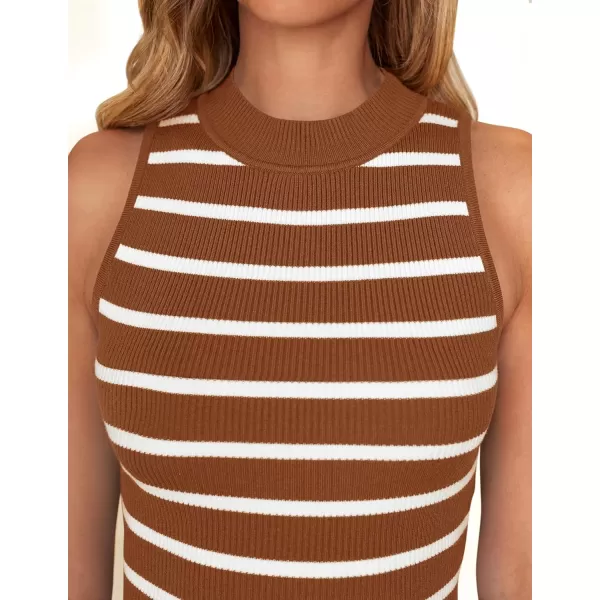 ZESICA Womens Ribbed Tank Tops High Neck Slim Fitted Striped Basic Casual Summer Sleeveless ShirtsBrown