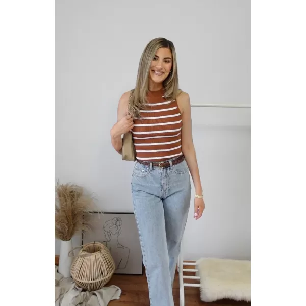 ZESICA Womens Ribbed Tank Tops High Neck Slim Fitted Striped Basic Casual Summer Sleeveless ShirtsBrown