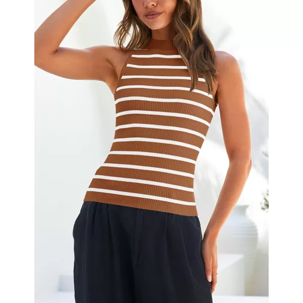 ZESICA Womens Ribbed Tank Tops High Neck Slim Fitted Striped Basic Casual Summer Sleeveless ShirtsBrown