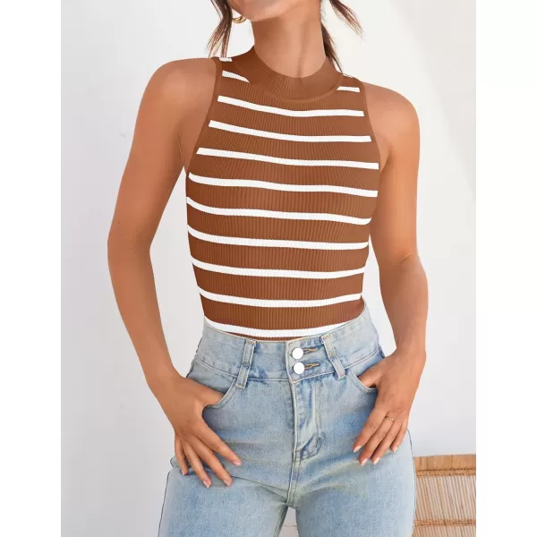 ZESICA Womens Ribbed Tank Tops High Neck Slim Fitted Striped Basic Casual Summer Sleeveless ShirtsBrown