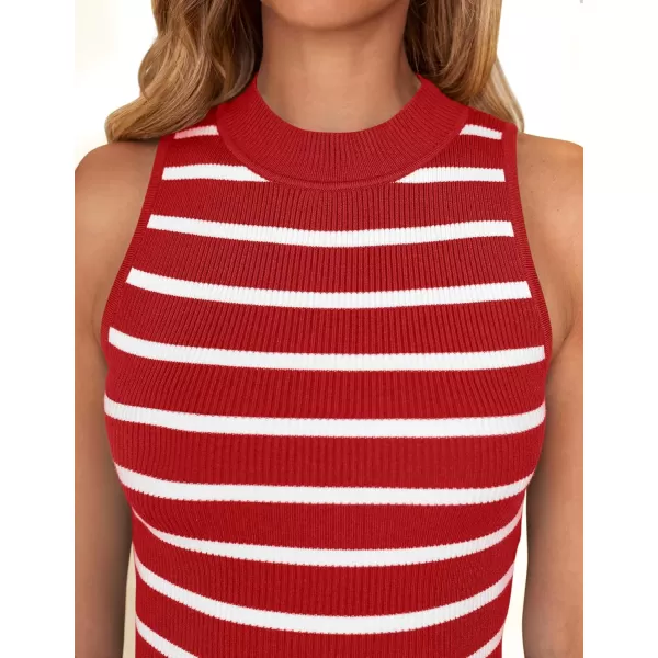 ZESICA Womens Ribbed Tank Tops High Neck Slim Fitted Striped Basic Casual Summer Sleeveless ShirtsRed