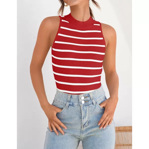ZESICA Womens Ribbed Tank Tops High Neck Slim Fitted Striped Basic Casual Summer Sleeveless ShirtsRed