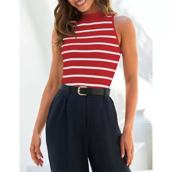 ZESICA Womens Ribbed Tank Tops High Neck Slim Fitted Striped Basic Casual Summer Sleeveless ShirtsRed