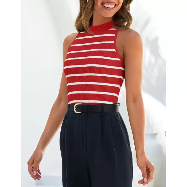 ZESICA Womens Ribbed Tank Tops High Neck Slim Fitted Striped Basic Casual Summer Sleeveless ShirtsRed