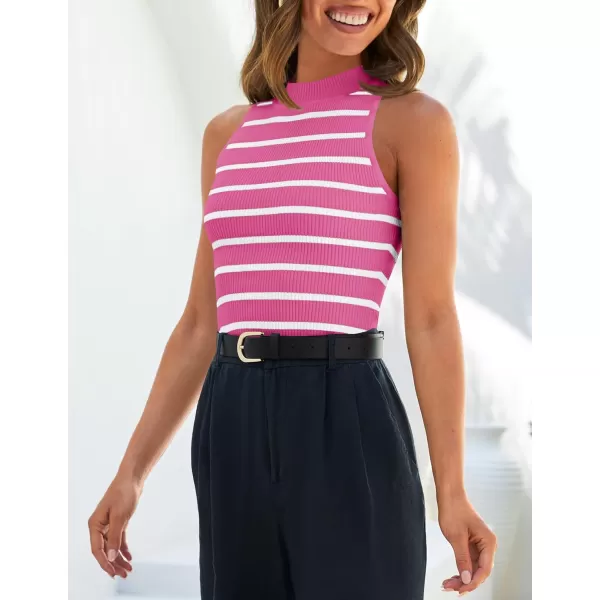 ZESICA Womens Ribbed Tank Tops High Neck Slim Fitted Striped Basic Casual Summer Sleeveless ShirtsRose