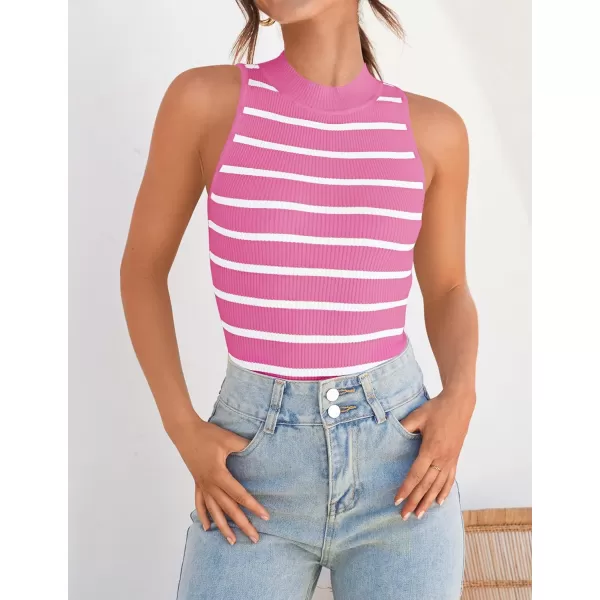 ZESICA Womens Ribbed Tank Tops High Neck Slim Fitted Striped Basic Casual Summer Sleeveless ShirtsRose