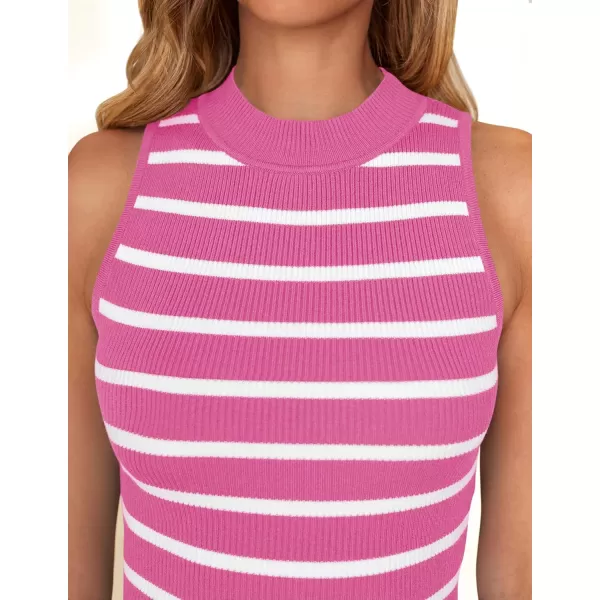 ZESICA Womens Ribbed Tank Tops High Neck Slim Fitted Striped Basic Casual Summer Sleeveless ShirtsRose