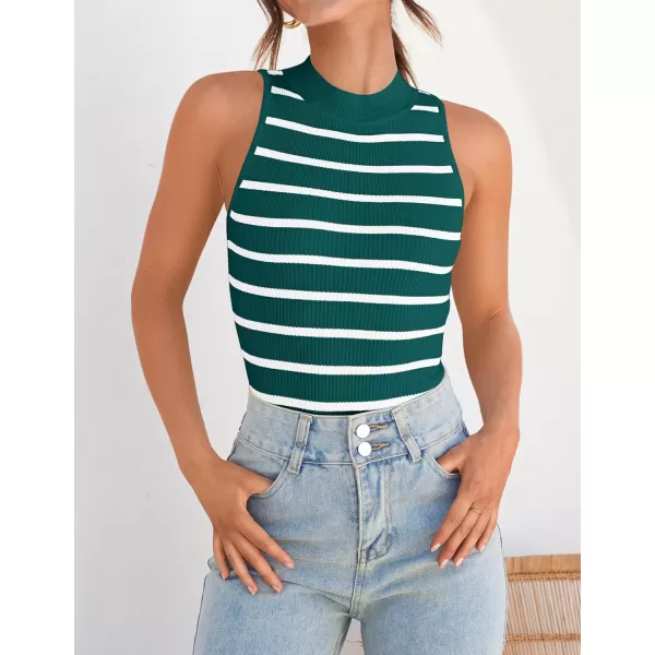 ZESICA Womens Ribbed Tank Tops High Neck Slim Fitted Striped Basic Casual Summer Sleeveless ShirtsTeal