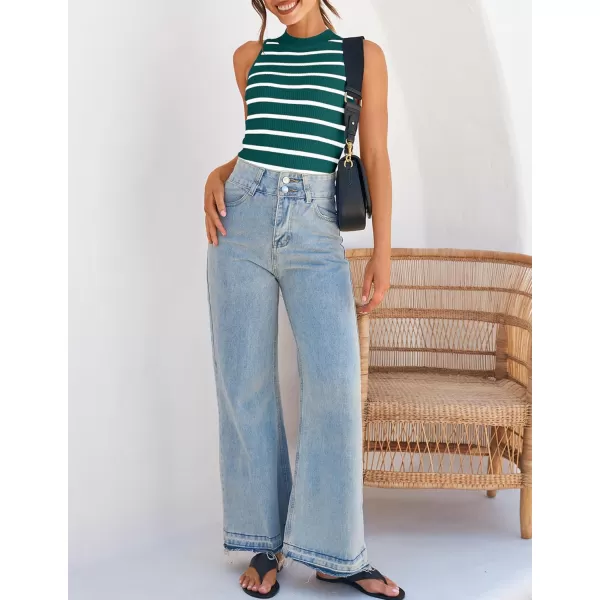 ZESICA Womens Ribbed Tank Tops High Neck Slim Fitted Striped Basic Casual Summer Sleeveless ShirtsTeal