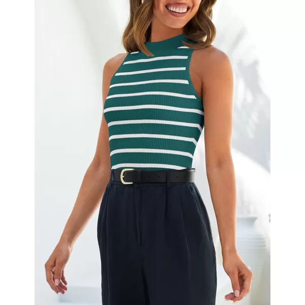 ZESICA Womens Ribbed Tank Tops High Neck Slim Fitted Striped Basic Casual Summer Sleeveless ShirtsTeal