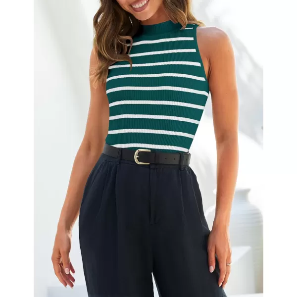 ZESICA Womens Ribbed Tank Tops High Neck Slim Fitted Striped Basic Casual Summer Sleeveless ShirtsTeal