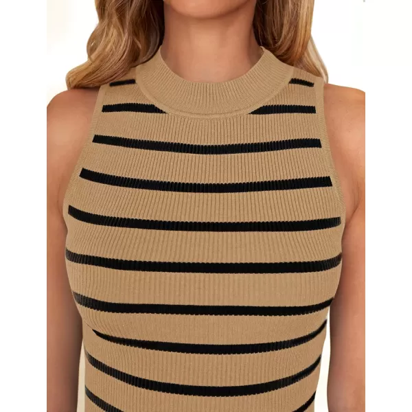 ZESICA Womens Ribbed Tank Tops High Neck Slim Fitted Striped Basic Casual Summer Sleeveless ShirtsToffee