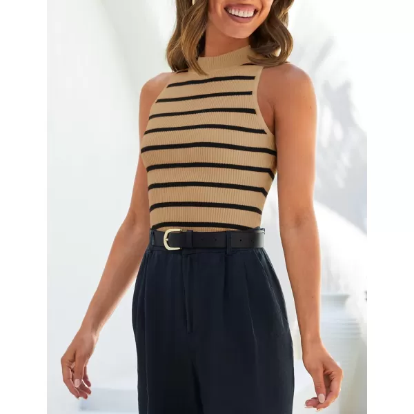 ZESICA Womens Ribbed Tank Tops High Neck Slim Fitted Striped Basic Casual Summer Sleeveless ShirtsToffee
